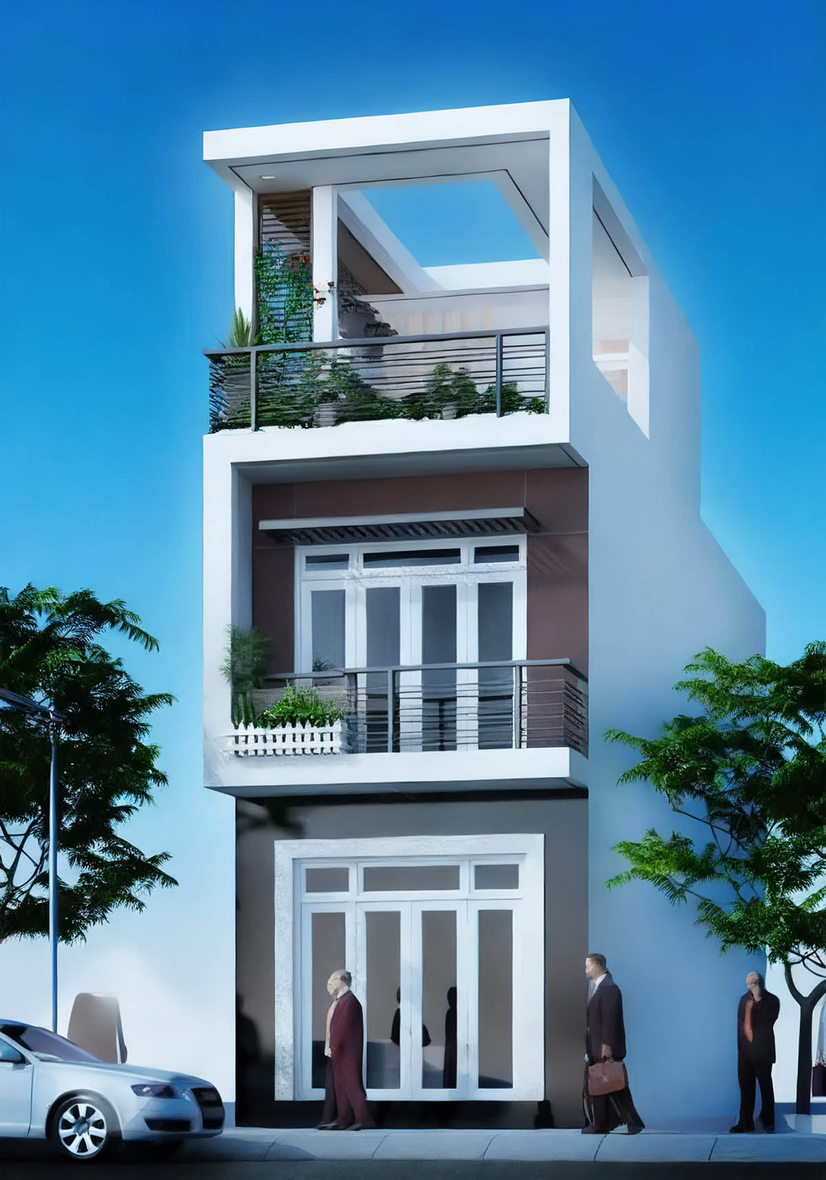 Thiết kế ngoại thất nhà ống có gác lửng 8x26m 2,5 tầng
