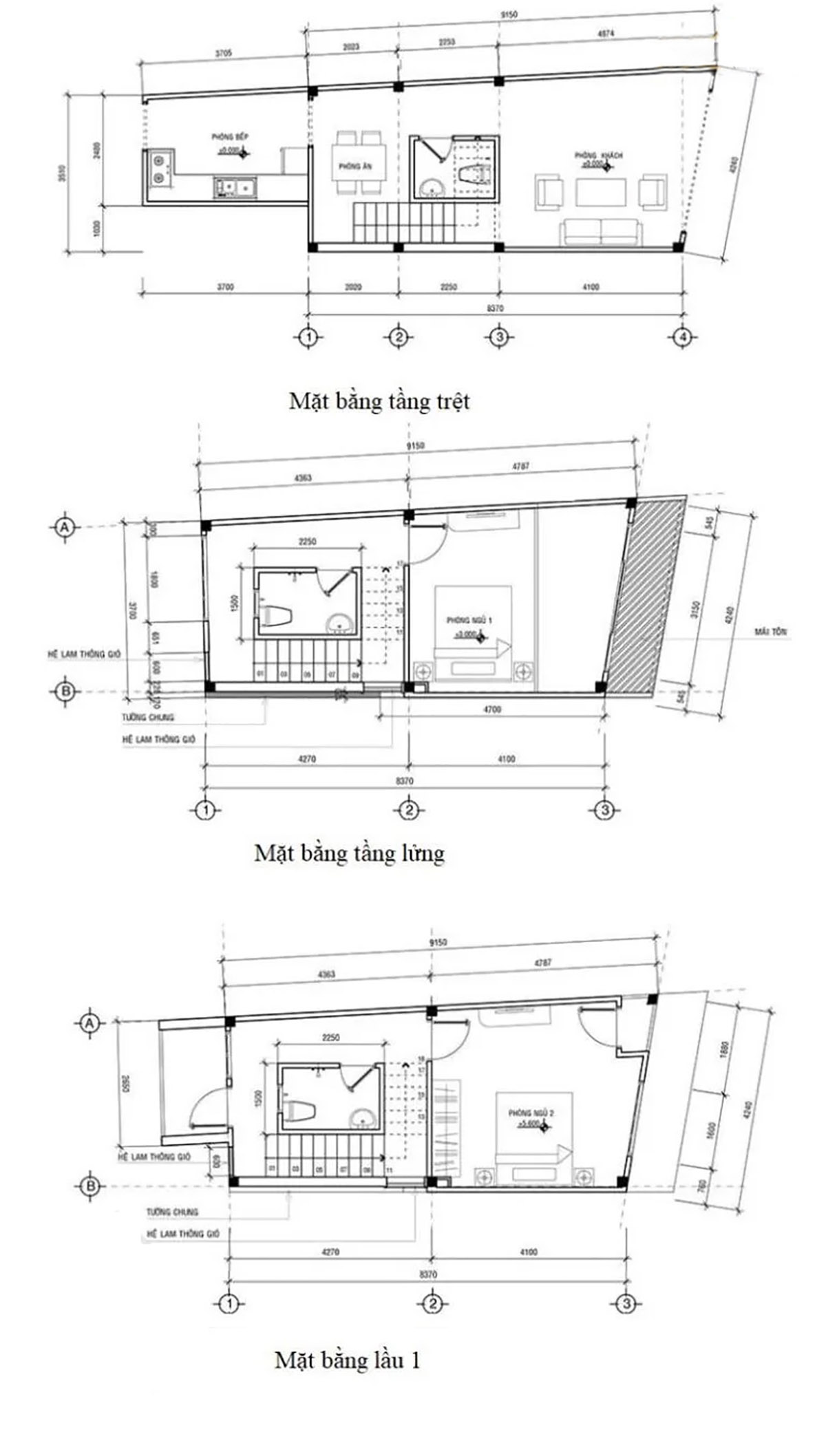 Mặt bằng công năng tầng trệt, tầng lửng và lầu 1 nhà đất méo có gác lửng