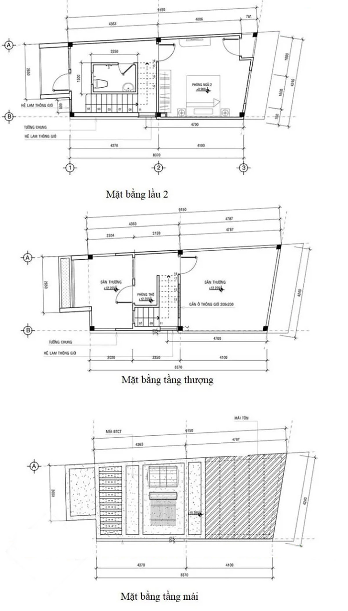 Mặt bằng lầu 2, tầng thượng và tầng mái nhà đất méo có gác lửng
