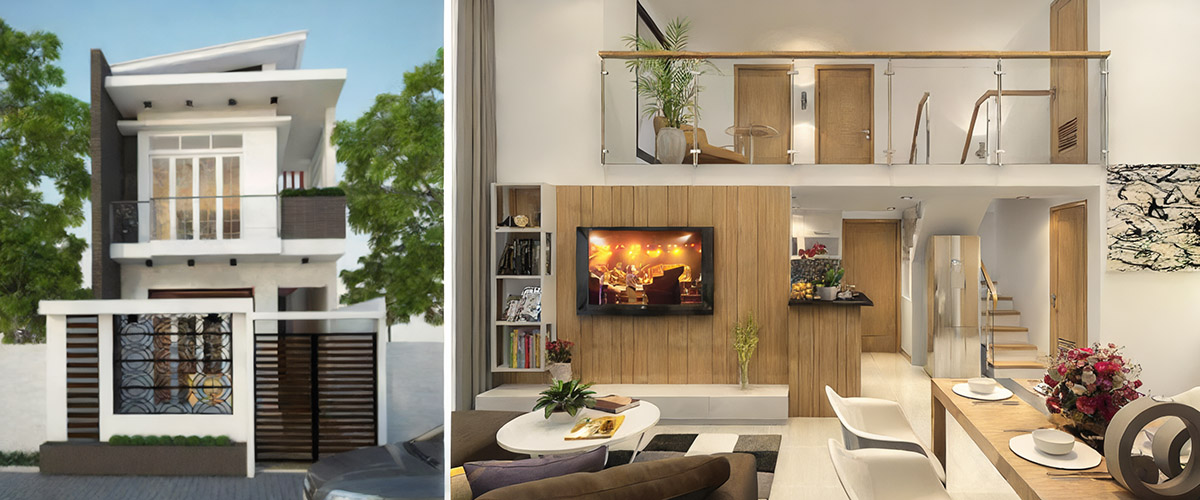 Thiết kế nhà ống có gác lửng đẹp với mặt tiền và nội thất hiện đại