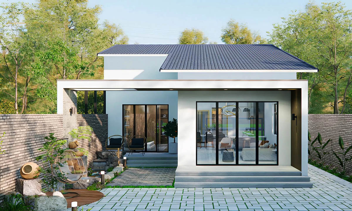 Thiết kế nhà trệt 7x15 đẹp, có hồ cá koi