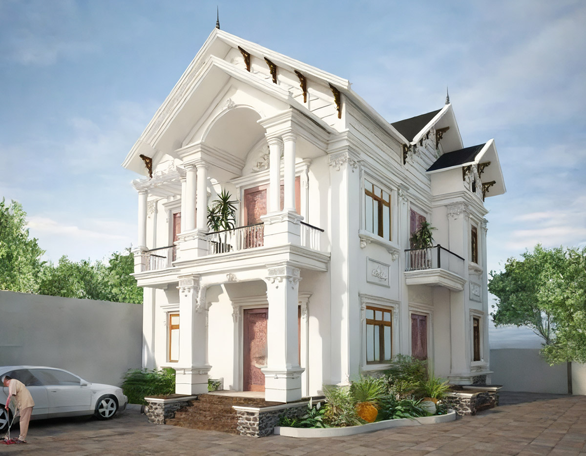 Thiết kế nhà vuông 2 tầng 8x9m tân cổ điển thanh lịch, nhã nhặn