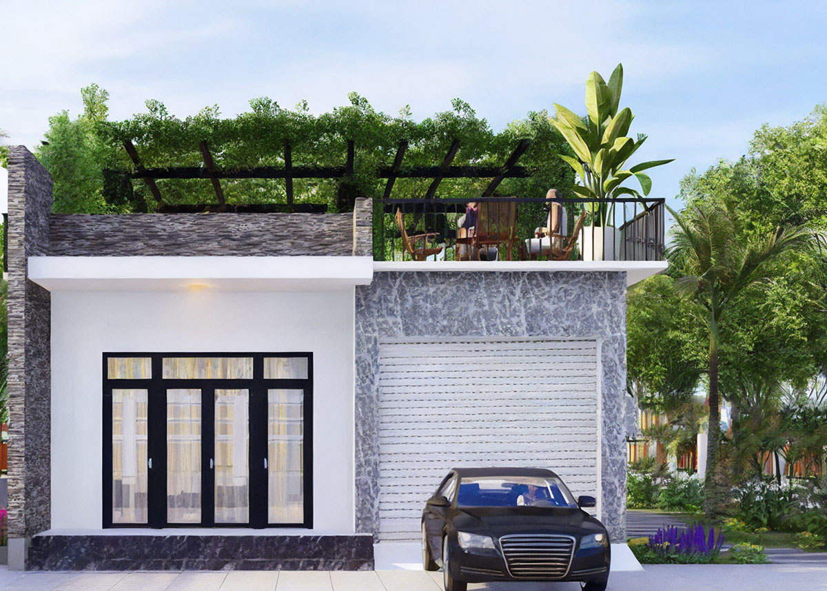Thiết kế nhà vuông 8x9m 1 tầng có sân thượng trồng cây cảnh