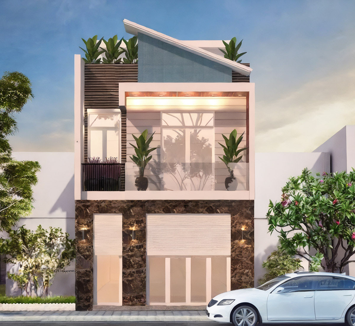 Mẫu thiết kế nhà vuông 2 tầng 8x9m mái lệch độc đáo, hiện đại