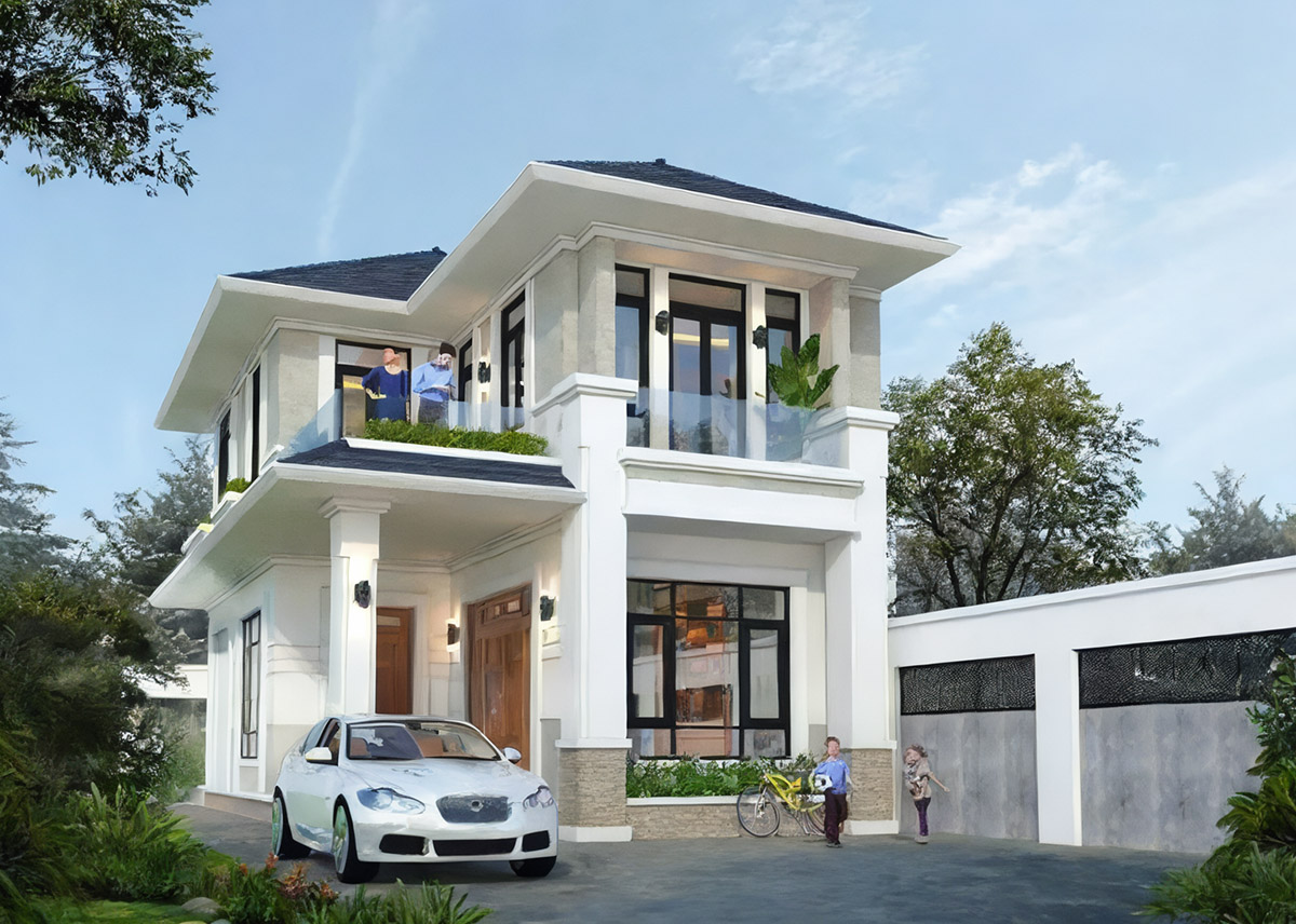 Thiết kế nhà vuông 2 tầng 8x9m mái Nhật sang trọng