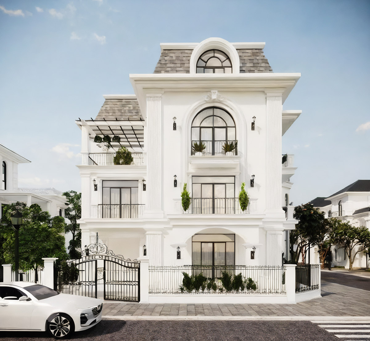 Mẫu thiết kế nhà vuông 8x9m tone màu trắng phong cách tân cổ điển