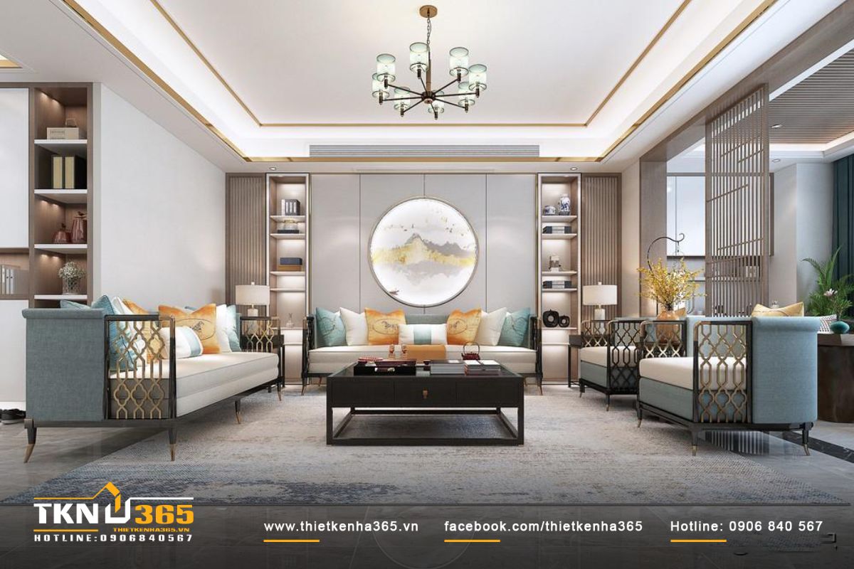 Bàn trà thấp kiểu Trung Hoa với chén trà gốm, tạo không gian thư giãn và đậm chất Á Đông