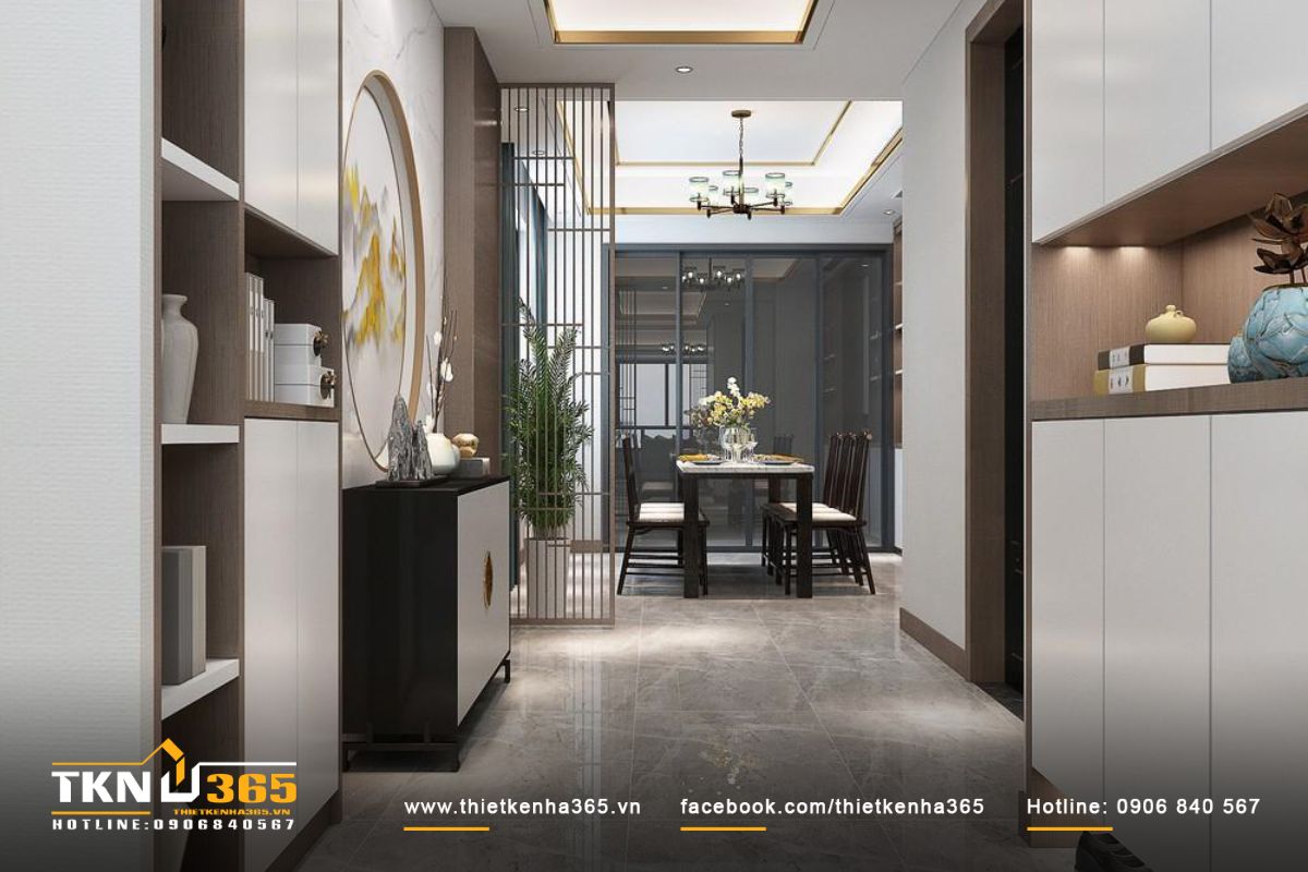 Tủ kệ gỗ được bố trí đối xứng, tạo sự cân đối và hài hòa trong không gian