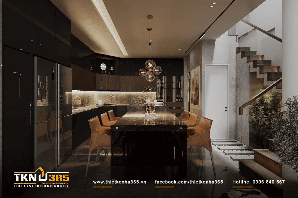 Thiết kế căn bếp tone màu nâu trầm chủ đạo mang đến vẻ đẹp hiện đại và sang trọng