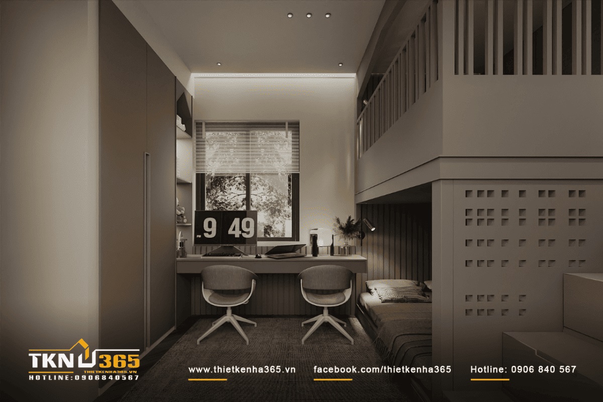 Phòng ngủ cho hai bé được thiết kế tối ưu diện tích sử dụng