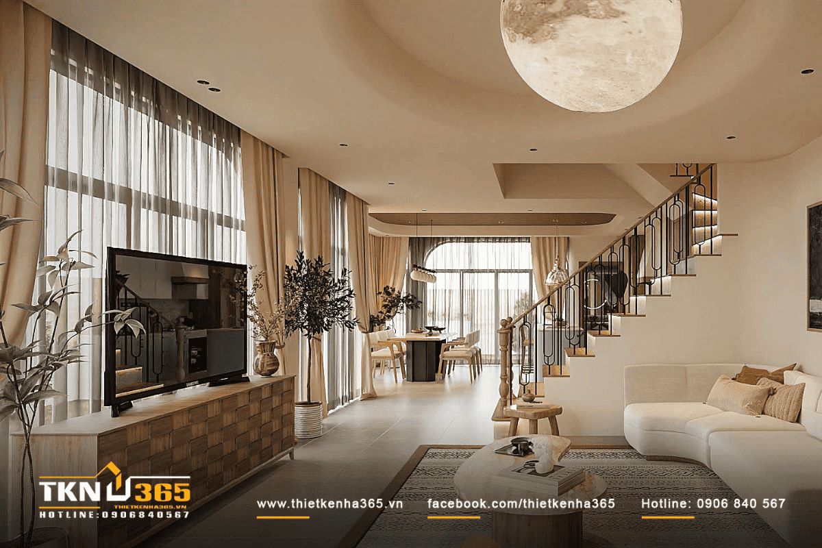 Phòng khách thiết kế nội thất tinh tế, tone trắng sữa chủ đạo