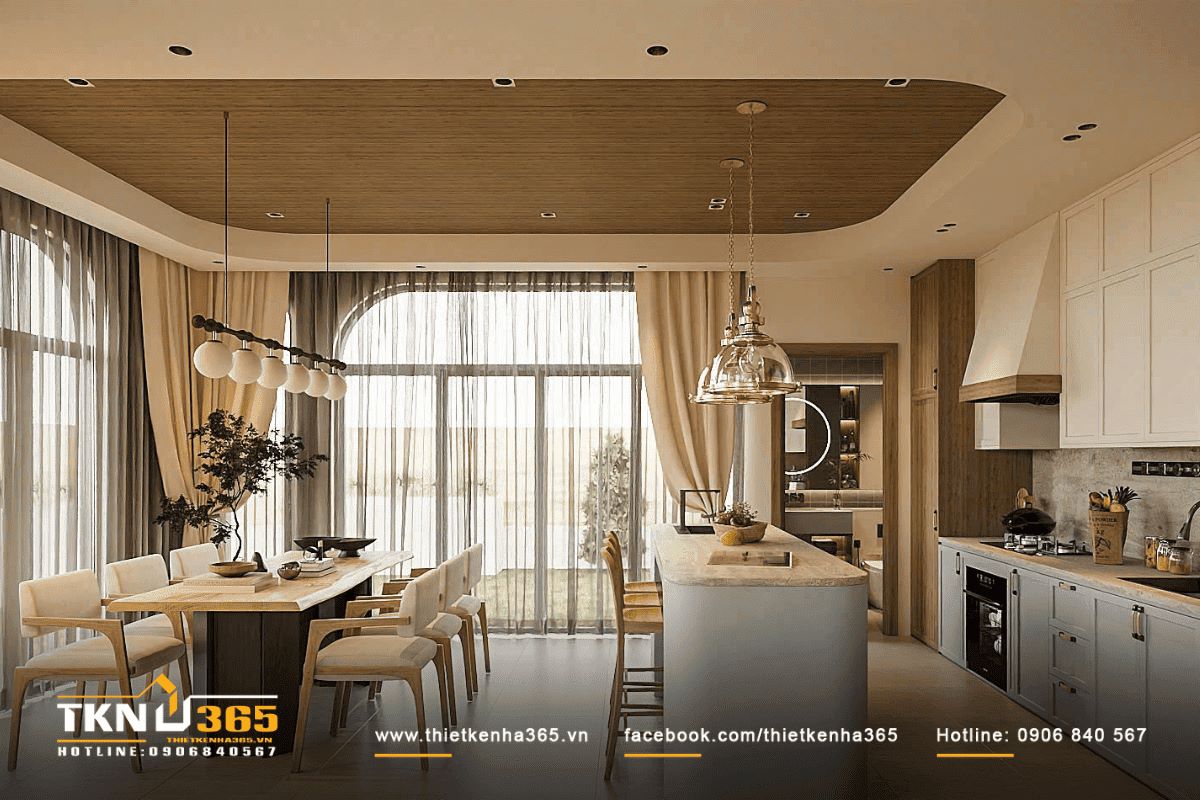 Phòng bếp mở với cửa kính mang lại sự sáng sủa và tính thẩm mỹ cho không gian