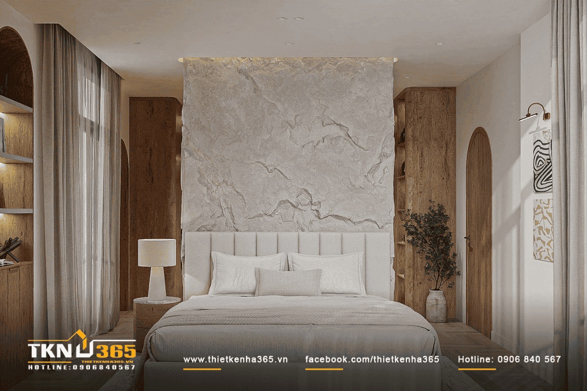 Phòng ngủ master kết hợp hài hòa giữa gỗ tự nhiên và đá vân mây tạo cảm giác ấm cúng, thư thái
