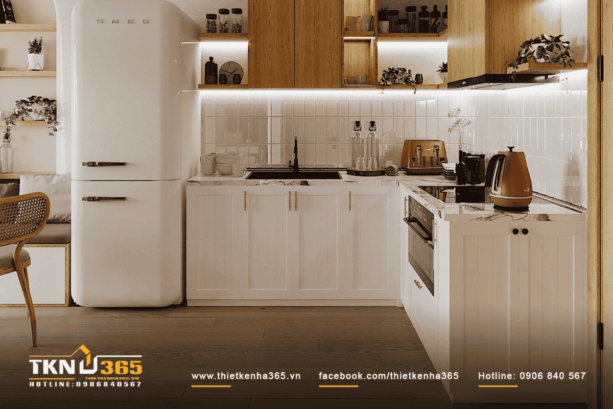 Khu vực bếp được thiết kế một cách ngăn nắp và gọn gàng