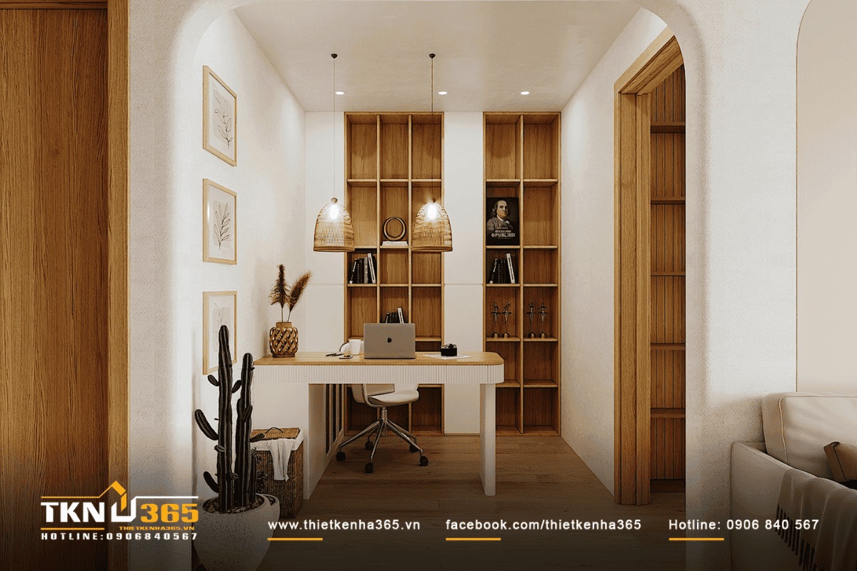 Kệ sách gỗ với thiết kế mở cùng đèn thả độc đáo tạo điểm nhấn ấn tượng cho không gian làm việc