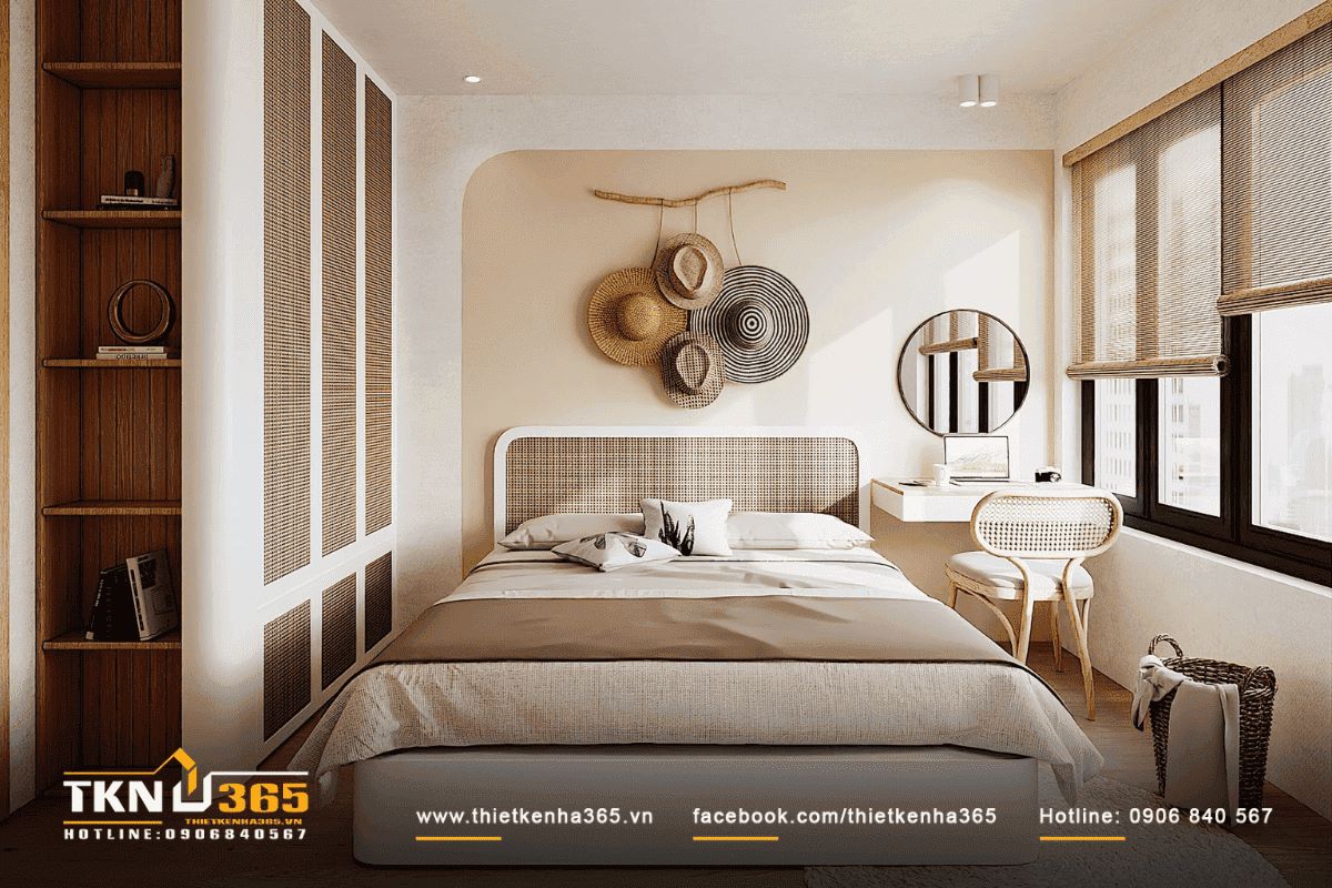 Phòng ngủ được thiết kế tinh tế với gam màu trung tính, tạo cảm giác thư thái, dễ chịu