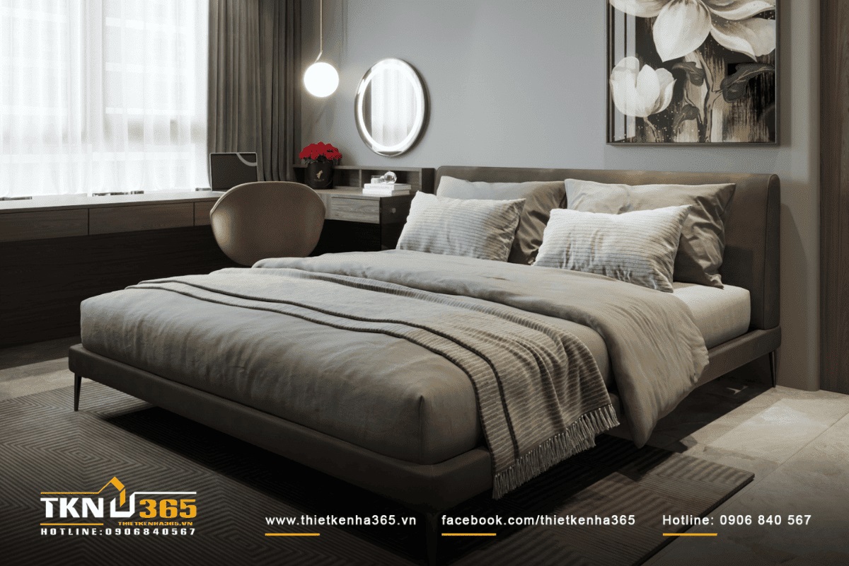 Phòng ngủ master sang trọng, kết hợp hài hòa giữa màu sắc trầm ấm