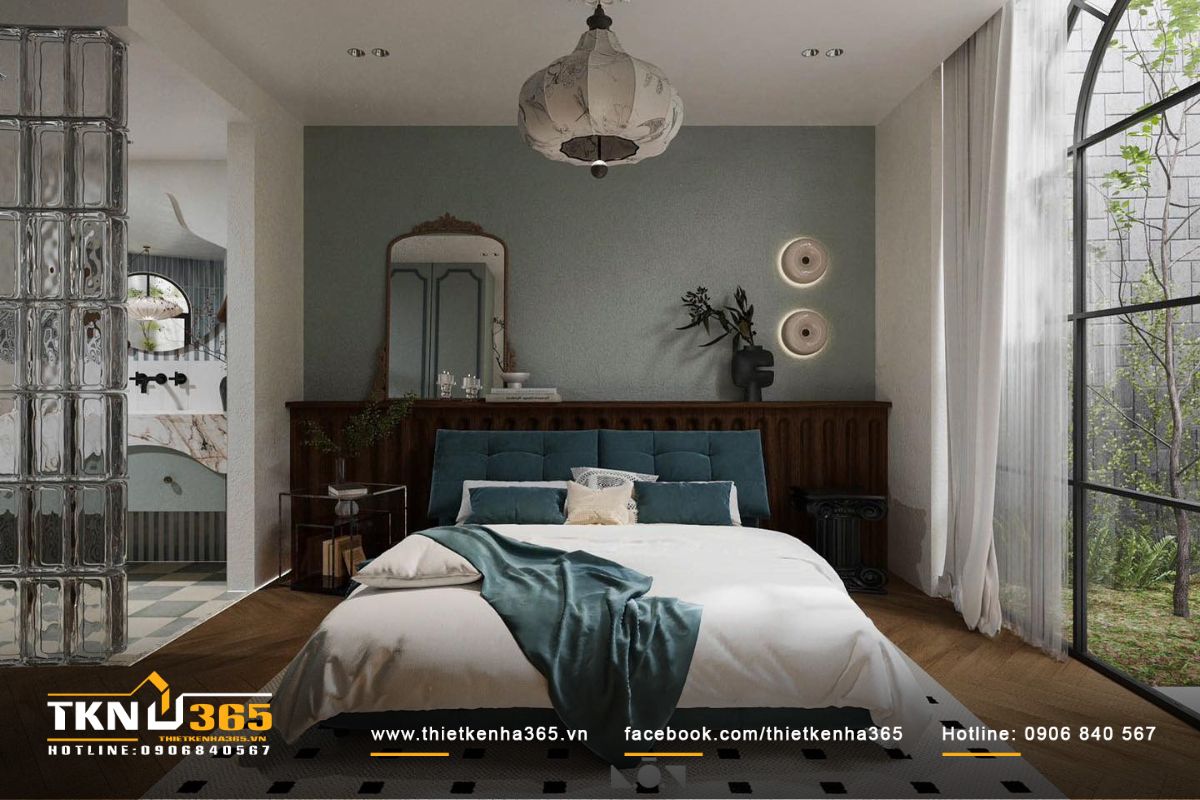 Thiết kế phòng ngủ đơn giản với gam màu trung tính, tạo cảm giác yên bình và thoải mái