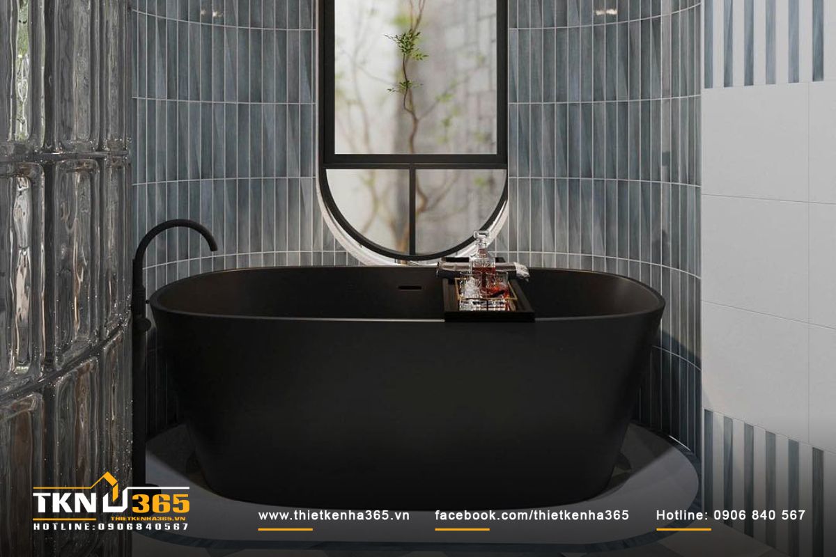 Nội thất phòng tắm với tông màu đen và xám, tạo cảm giác sạch sẽ và hiện đại