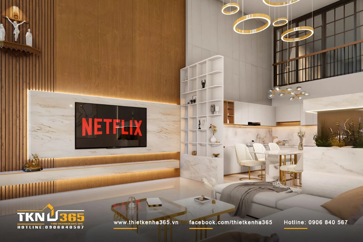 Chất liệu đ&aacute; marble kết hợp với lam gỗ v&agrave; &aacute;nh s&aacute;ng đ&egrave;n LED