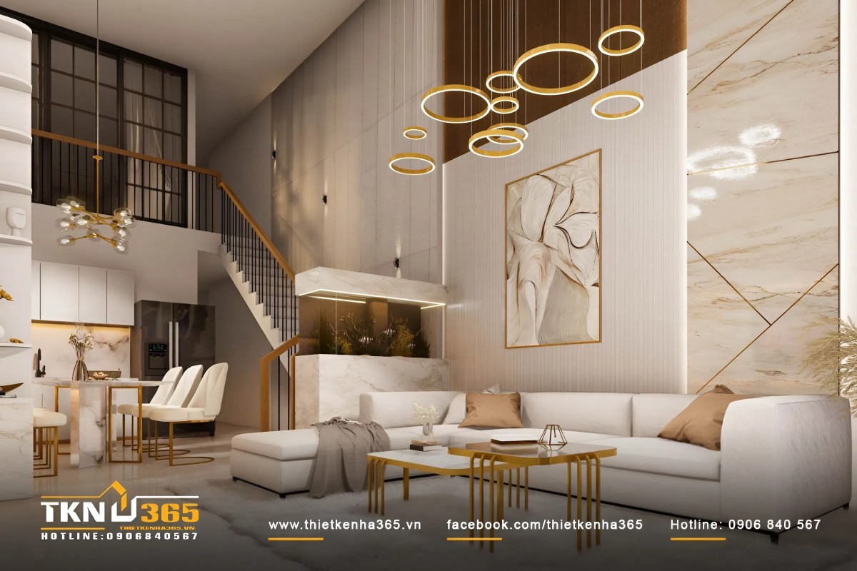 Mẫu ph&ograve;ng kh&aacute;ch biệt thự tối giản, sang trọng với tone trắng tinh tế chủ đạo