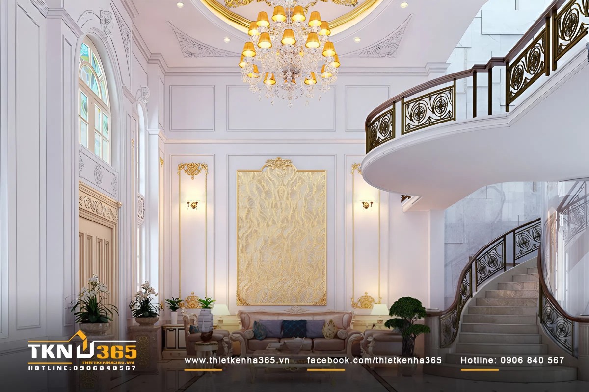 Mẫu ph&ograve;ng kh&aacute;ch th&ocirc;ng tầng t&acirc;n cổ điển với t&ocirc;ng m&agrave;u trắng