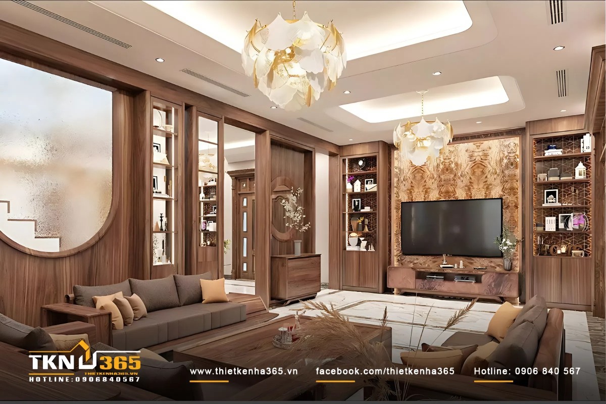 Ph&ograve;ng kh&aacute;ch biệt thự nổi bật v&agrave; sang trọng với đ&egrave;n ch&ugrave;m lớn treo ở khu vực trung t&acirc;m