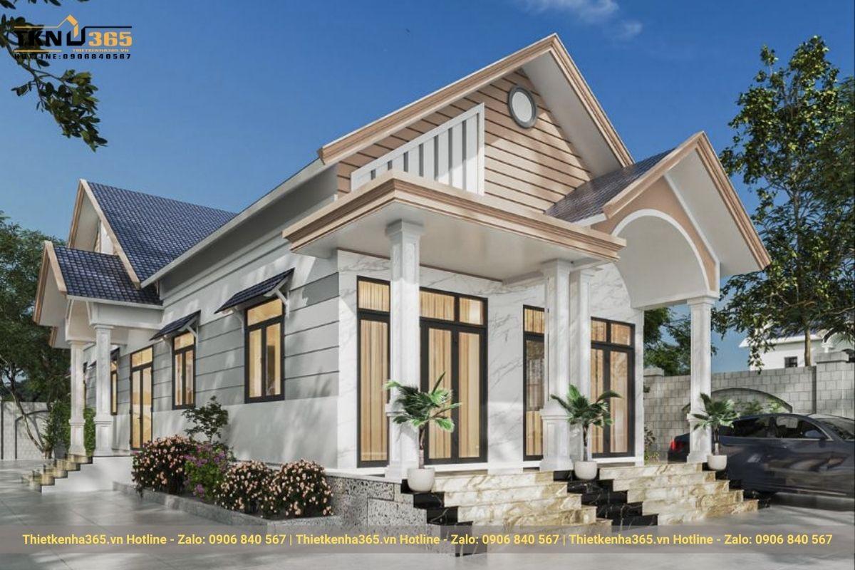 Mẫu thiết kế biệt thự mái Thái gây ấn tượng với bậc tam cấp và mặt tiền ốp đá sang trọng