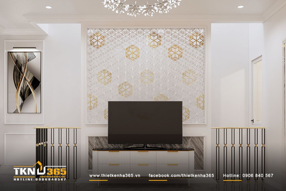 Vách ngăn sau được thiết kế dạng lưới hoa nghệ thuật, tăng thêm sự thẩm mỹ phòng khách