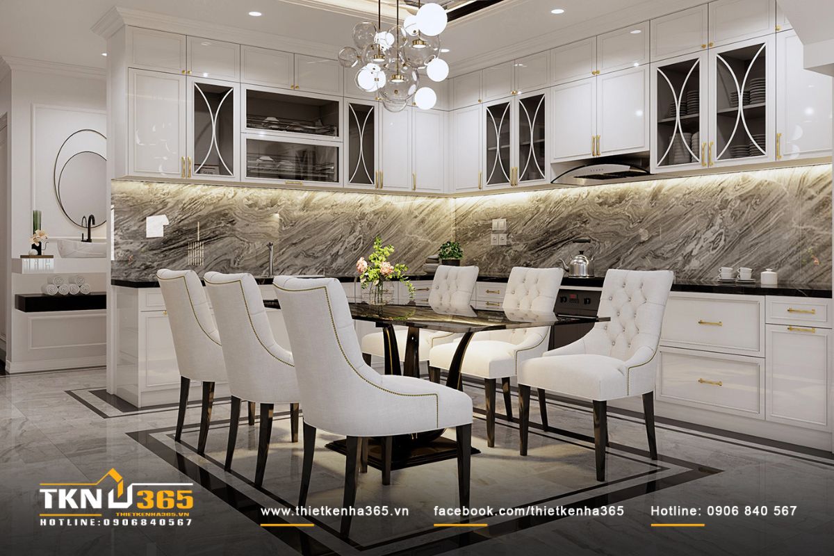 Khu bếp thiết kế chữ L với hệ tủ gầm và tủ treo đối xứng bằng nhựa cao cấp