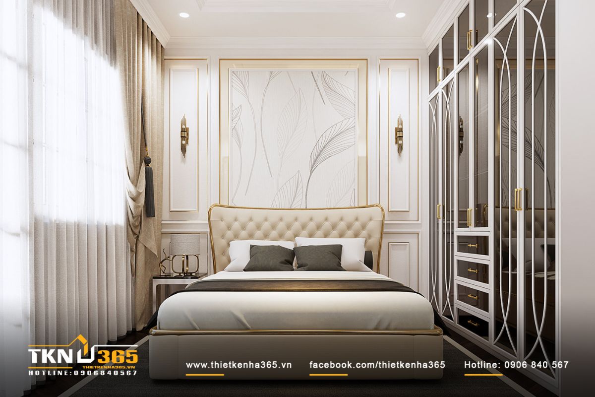 Phòng ngủ toát lên vẻ hiện đại, cá tính với tông màu be trắng, đen và vàng