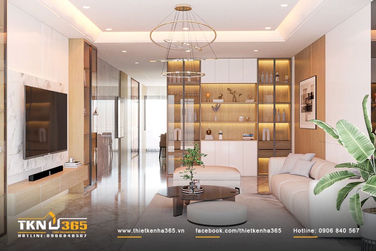 Bình hoa, đèn cây, cùng với kệ sách âm tường được sắp xếp tinh tế, đơn giản mà vẫn sang trọng