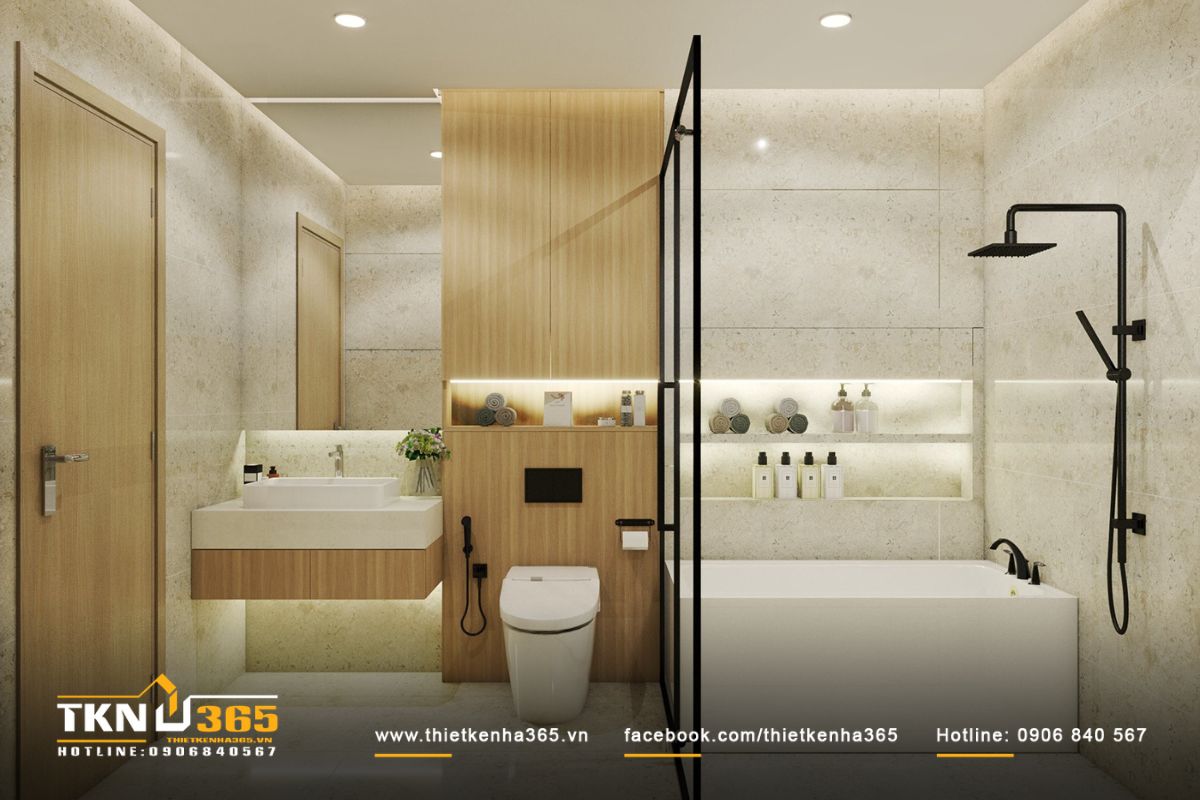 Nhà vệ sinh tách biệt với phòng tắm có thiết kế tối giản nhưng vẫn đảm bảo tiện ích