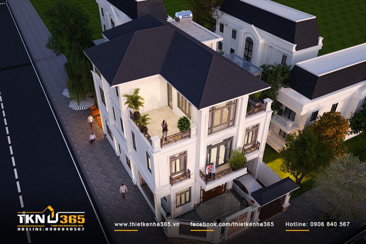 Tổng thể công trình biệt thự 3 tầng kiểu pháp phong cách kiểu mái Nhật