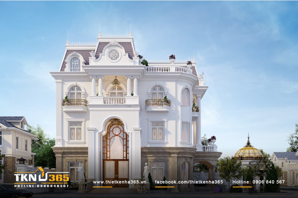 Mẫu biệt thự 3 tầng kiểu Pháp phong cách cổ điển sử dụng tông màu trắng thanh lịch