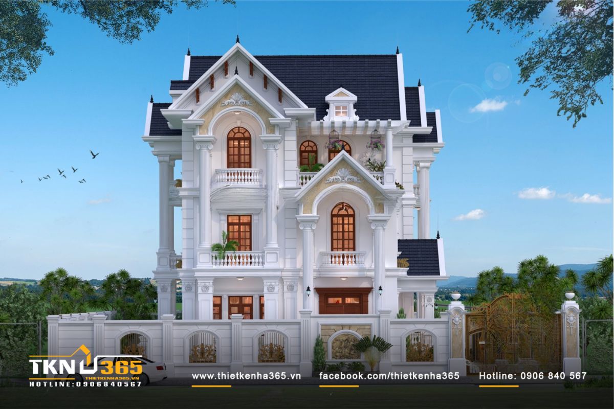 Biệt thự 3 tầng kiểu Pháp với mái Thái xanh cùng gam màu trắng chủ đạo