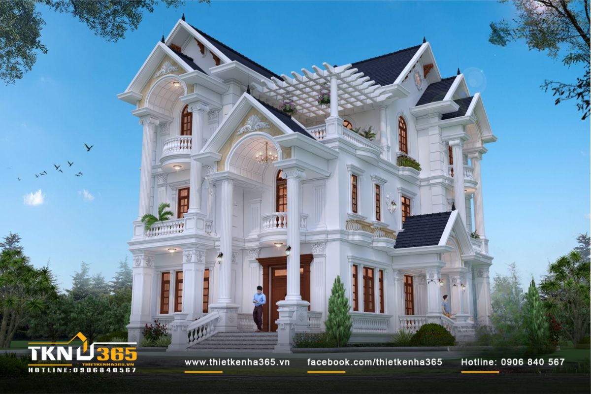 Mặt tiền biệt thự 3 tầng phong cách Pháp mái Thái đẹp đầy cuốn hút