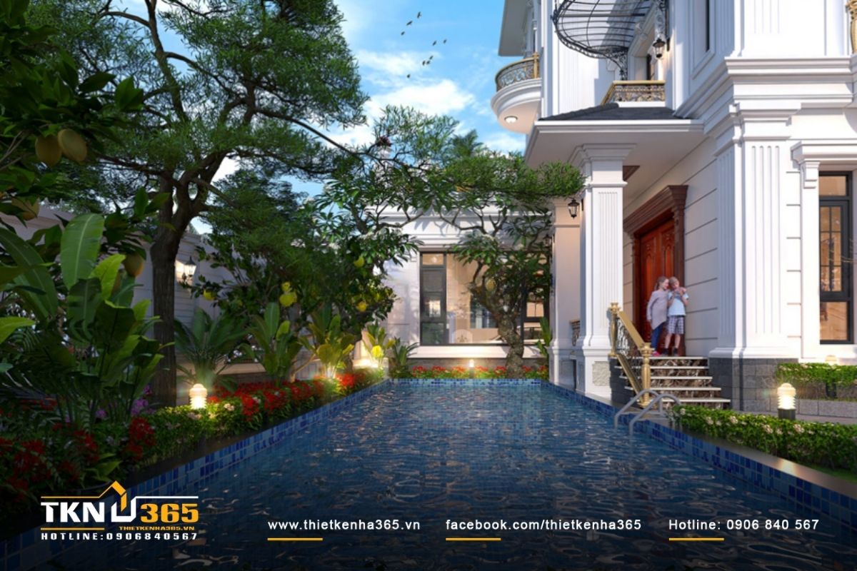 Hồ bơi được bố trí gần khu vực tiếp khách ngoài trời mang lại không gian thư giãn