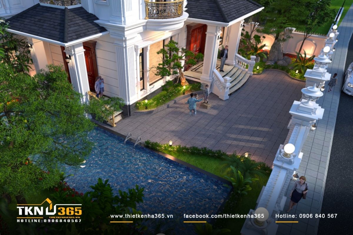 Cảnh quan dinh thự tân cổ điển 3 tầng được quan sát từ trên cao