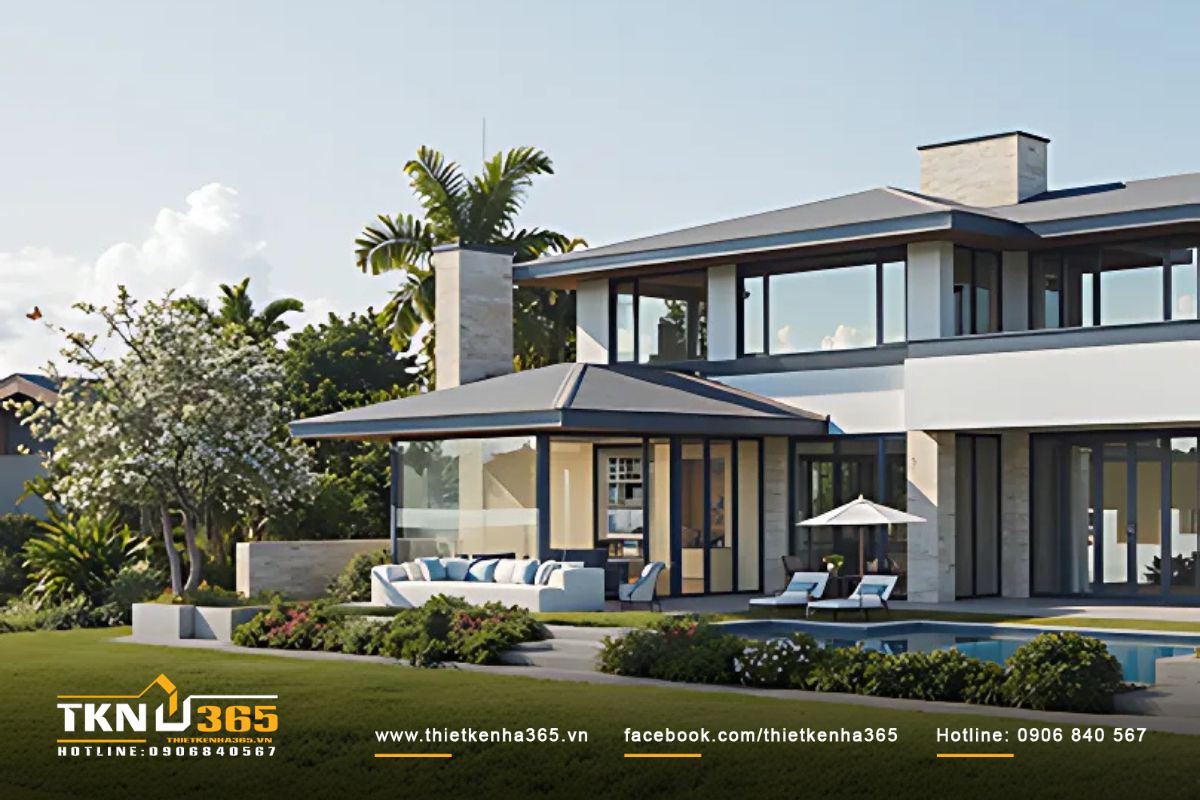 Biệt thự 3 tầng có hồ bơi rộng lớn bố trí thêm khu nghỉ ngơi