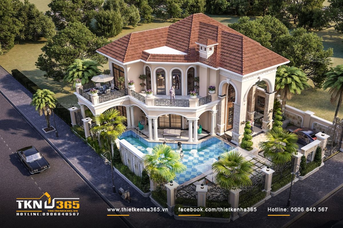 Nhìn từ trên cao, biệt thự Địa Trung Hải có hồ bơi sở hữu vẻ đẹp sang trọng, nổi bật