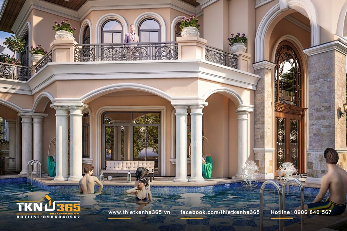 Hồ bơi được thiết kế trước mặt nhà giúp việc tiếp cận hồ bơi dễ dàng hơn