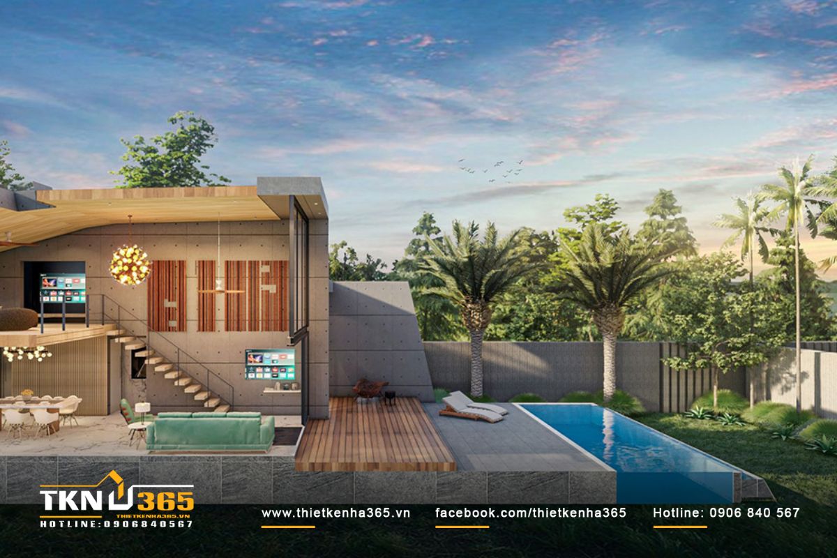 Mẫu biệt thự 500m2 có bể bơi và tiểu cảnh tạo nên không gian nghỉ dưỡng sang trọng, hiện đại