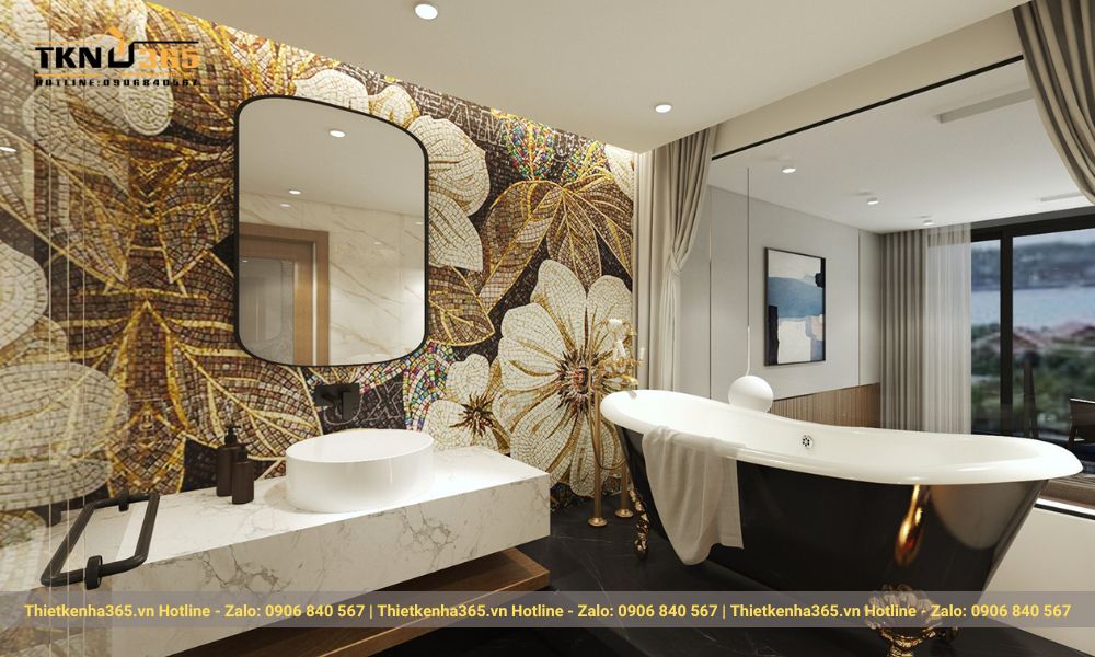 Thiết kế phòng tắm ấn tượng bởi mảng tường ốp đá cực nghệ thuật