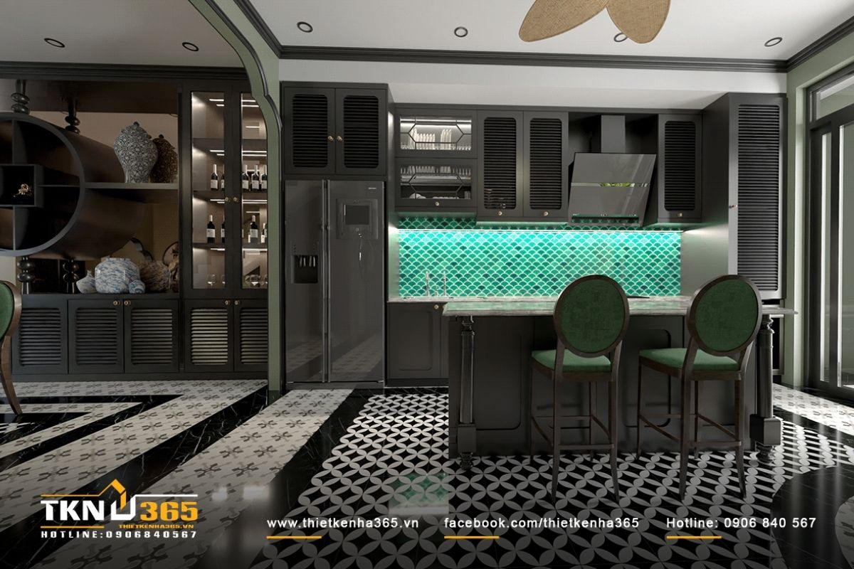 Thiết kế phòng bếp với gam màu tối trung tính