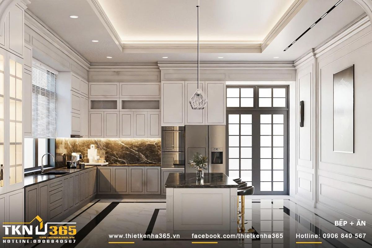 Phòng bếp phong cách tân cổ điển chan hòa ánh sáng tạo cảm giác ấm cúng
