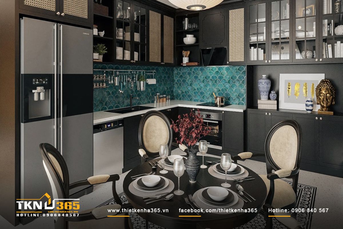 Một góc căn bếp phong cách Indochine ấm cúng, tiện nghi với các nội thất tối giản