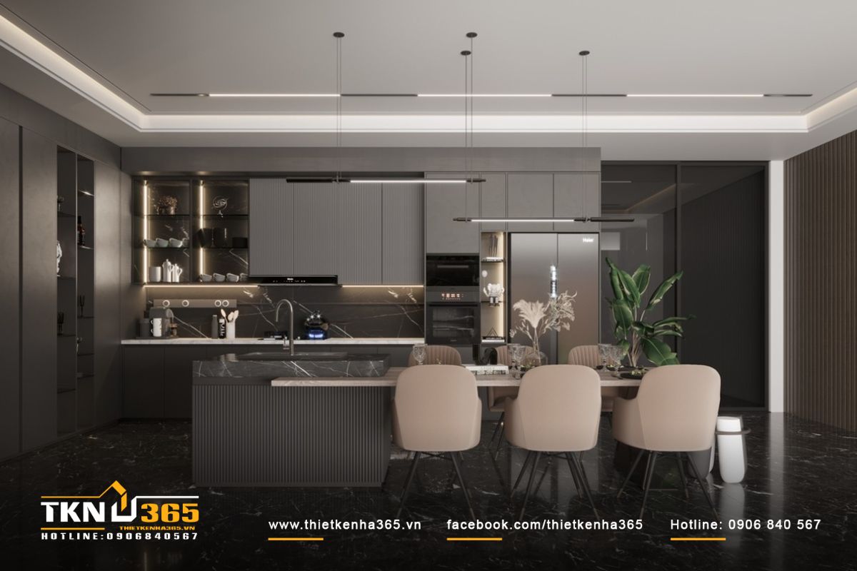 Phòng bếp sang trọng, ấm cúng với sự góp mặt của các tone màu trầm ấm