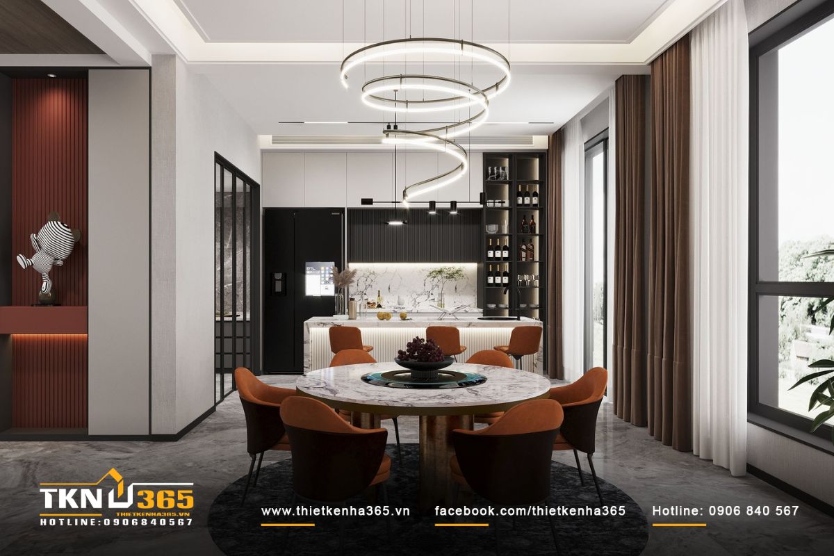 Phòng bếp ấm cúng, tiện nghi cùng với nội thất màu nâu, trắng, be