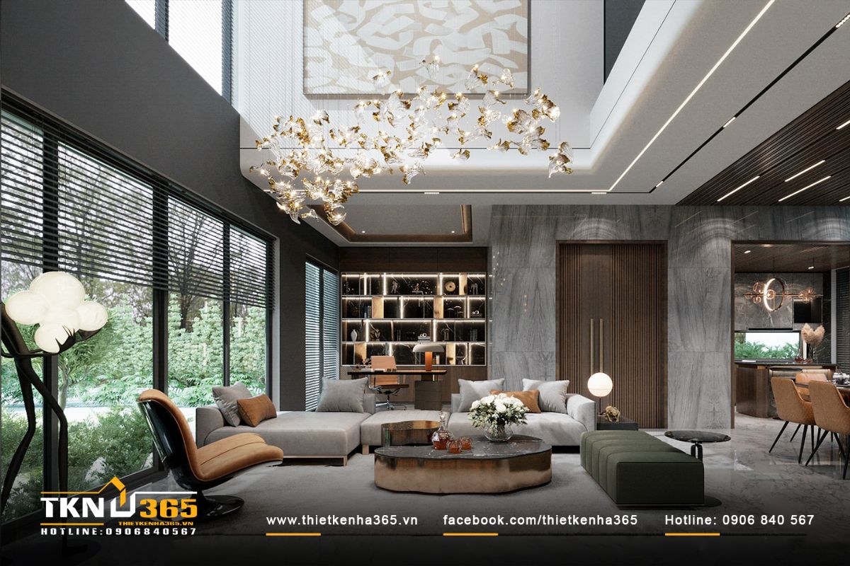 Để thiết kế phòng khách biệt thự đẹp cần kết hợp hài hòa ánh sáng tự nhiên và nhân tạo